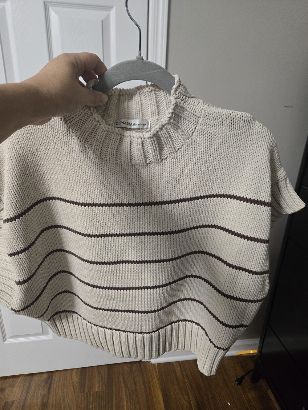 Zenana Outfitters Cream Knit Short-Sleeve Sweater with Brown Stripes